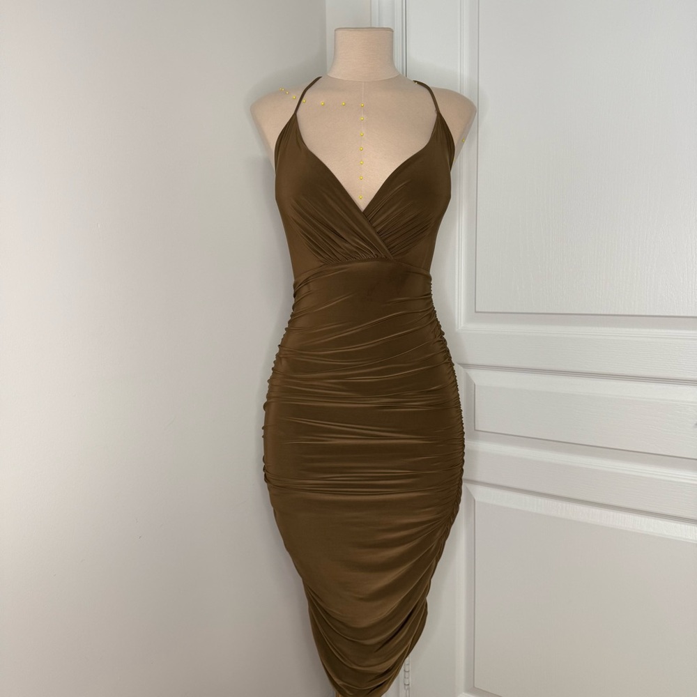 Windsor Brown Ruched Bodycon Dress with Plunge Neckline